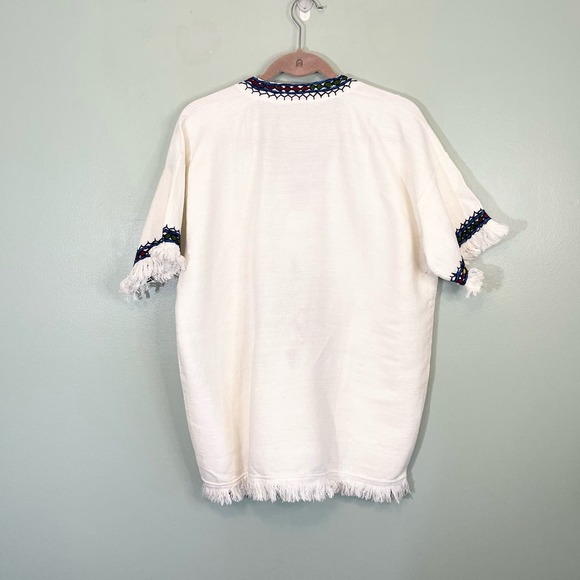 White Tunic Black Hand Embroidered V Neck Top w Fringes One Size - Picture 2 of 7